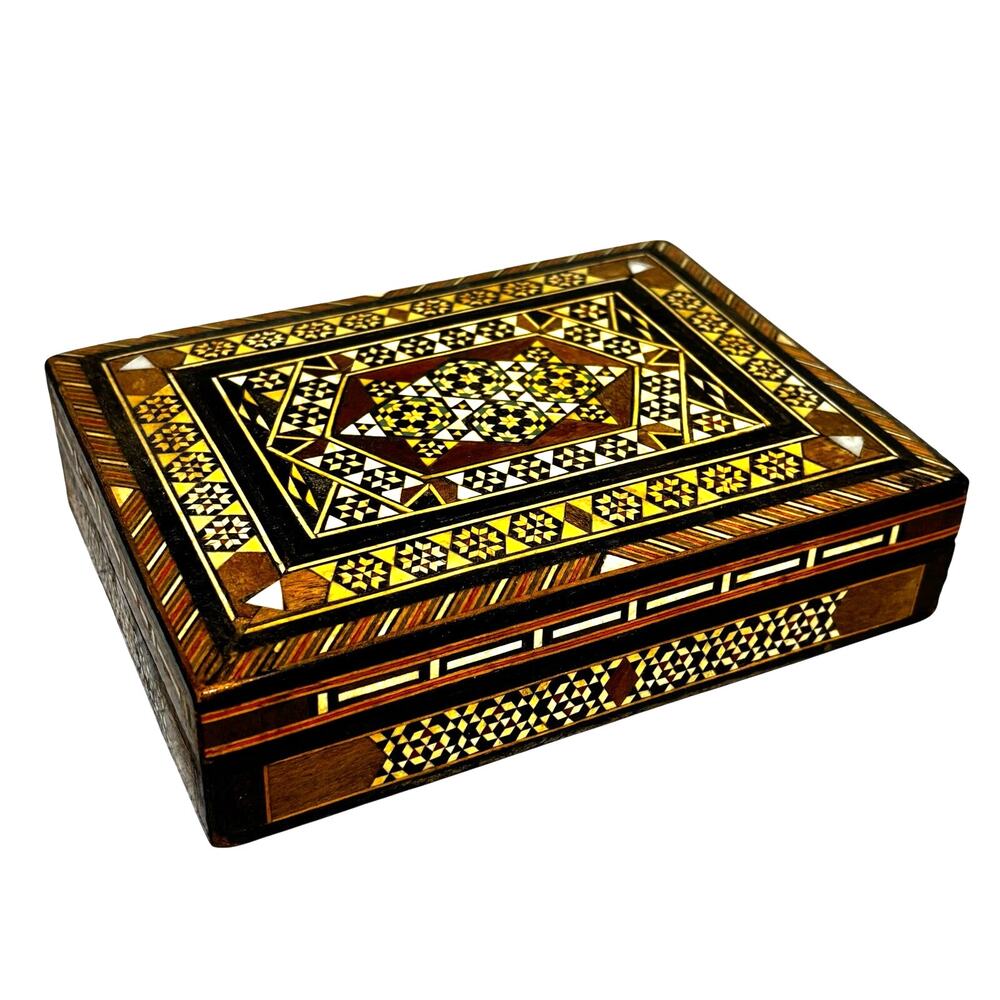 Vintage wooden inlay box trinket keepsake jewelry case hinged lid storage FLAW